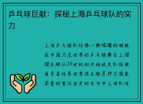 乒乓球巨献：探秘上海乒乓球队的实力