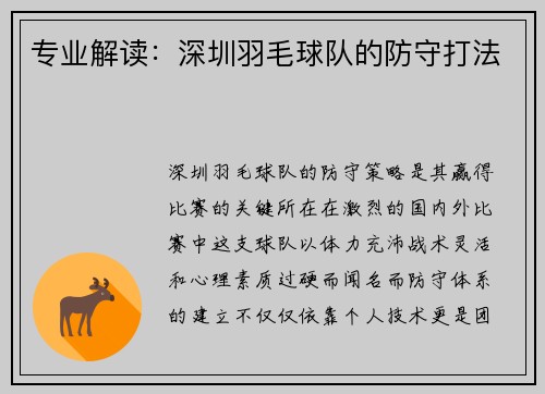 专业解读：深圳羽毛球队的防守打法